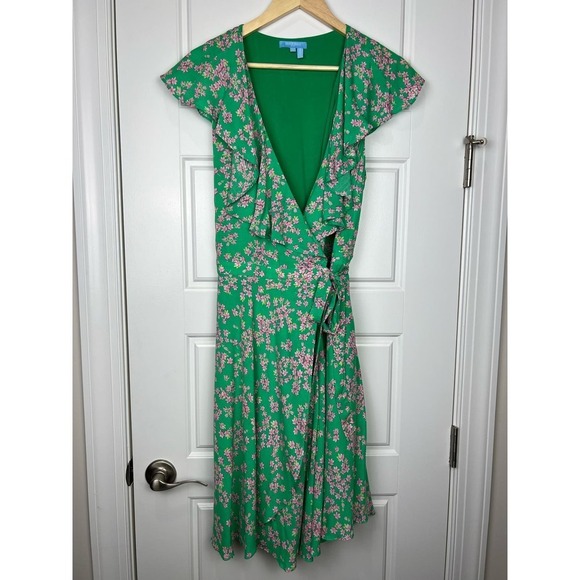 Draper James RSVP Flutter Wrap Women's Dress Green Ruffle Floral Rayon Belted L - Picture 2 of 6